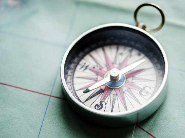 Closeup of compass on the map